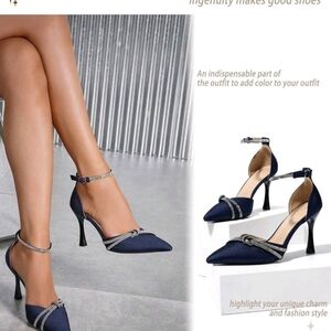 Pointed Navy Heels with Ankle Strap and Rhinestone Detail